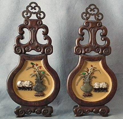 SOLD A pair antique Qing dynasty 18th -19th century Chinese Panels appliqué with Jade & Hardstone