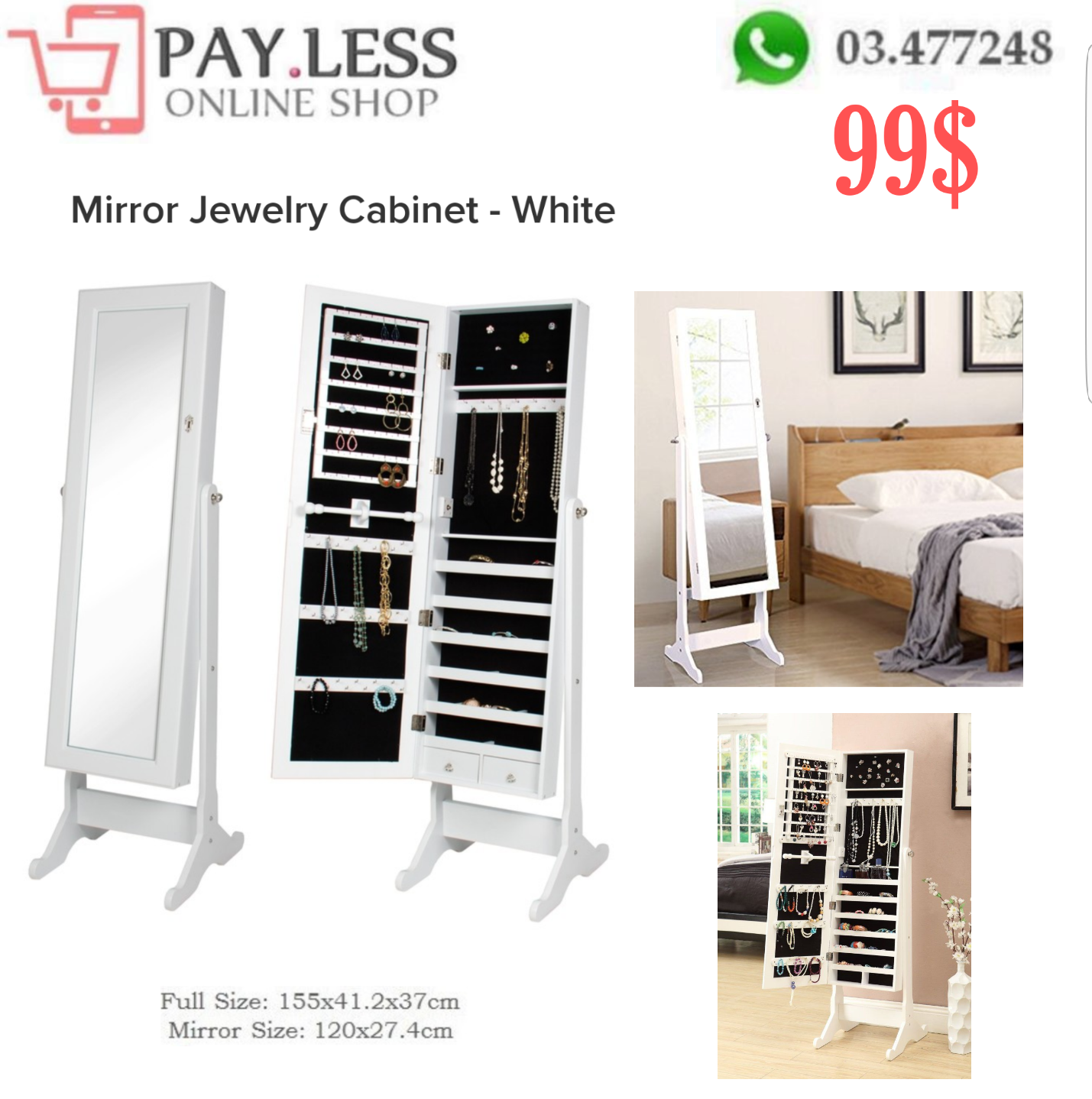 Mirror Jewelry Cabinet White