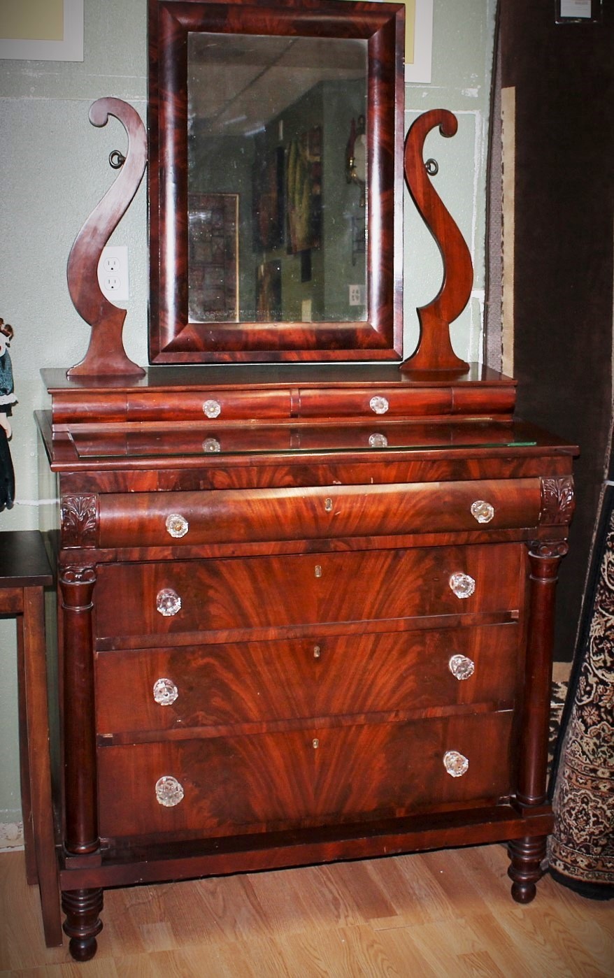 Antique Empire Mahogany Vanity Dresser W Harp Mirror