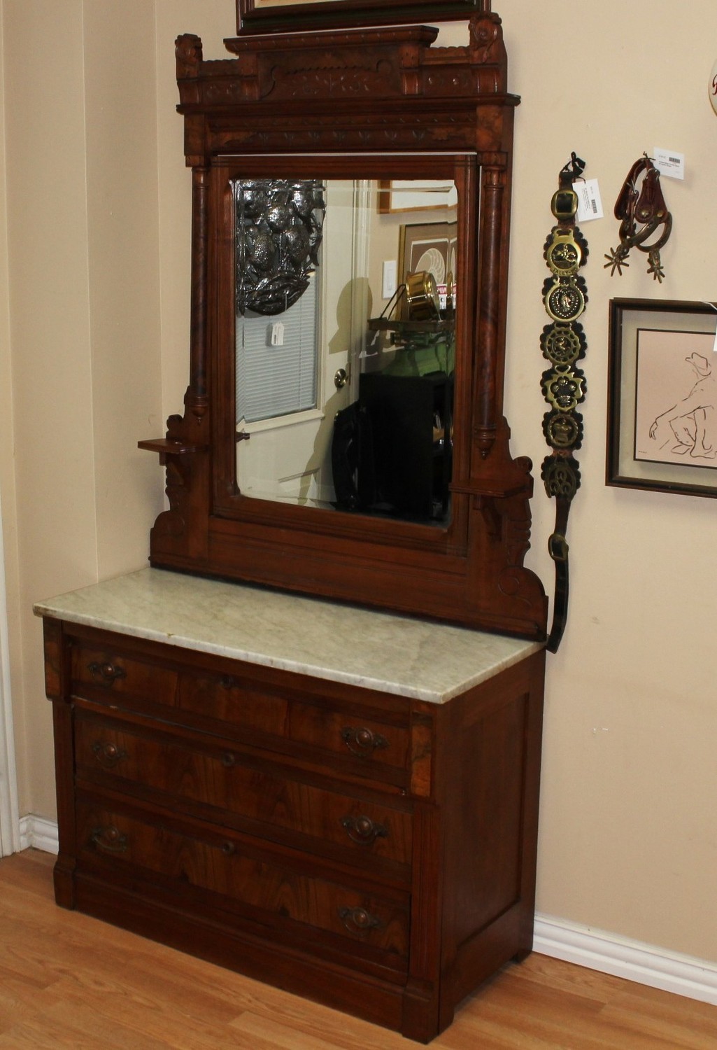 Antique Eastlake Walnut Marble Top Dresser W Mirror