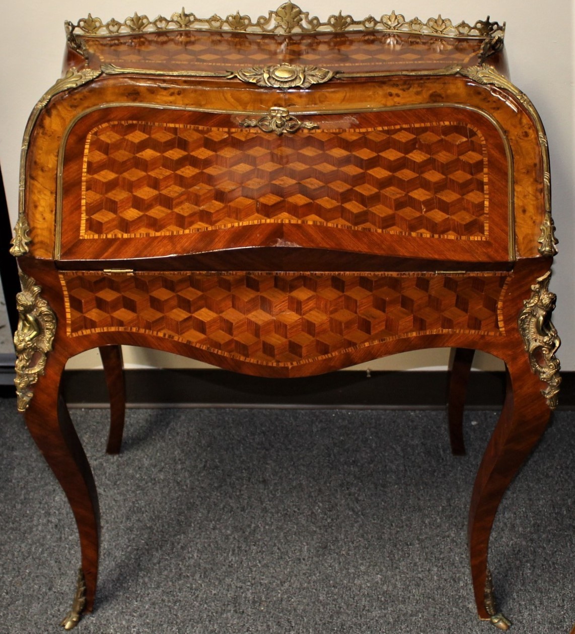 French Marquetry Inlay W Gilt Bronze Mounts Leather Top Vanity E Bureau Writing Desk