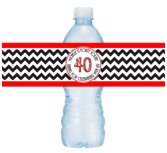 Black and Red Chevron 40th Birthday Water Bottle Labels 104-wbl