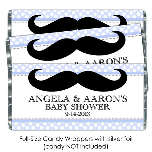 Blue Polka Dot with Mustache Baby Shower Candy Wrappers 177-BABY