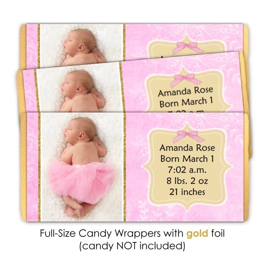 Pink and Gold Birth Announcement Candy Wrappers 201-BABY