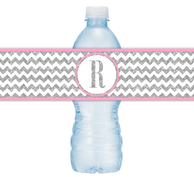 Silver and Pink Monogram Water Bottle Labels 104-WBL