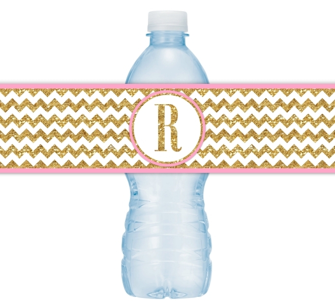 Gold and Pink Chevron Monogram Water Bottle Labels 106-WBL