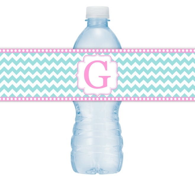 Pink and Green Chevron Monogram Water Bottle Labels 107-WBL