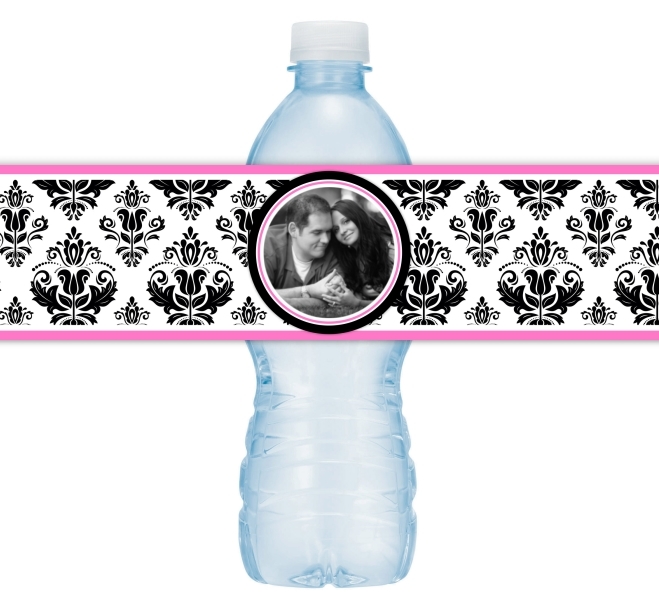 Black and Pink Damask Wedding Water Bottle Labels 214-WBL