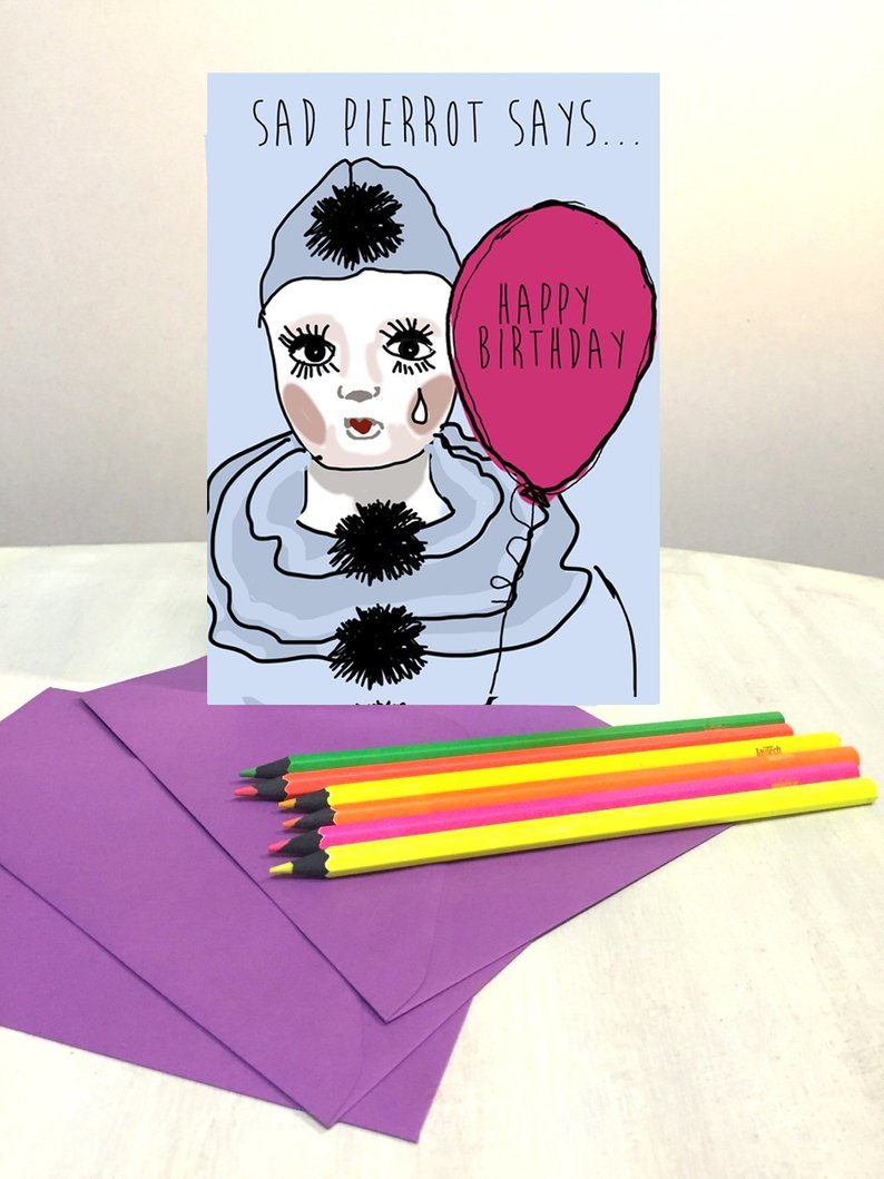 Sad pierrot birthday card 00029