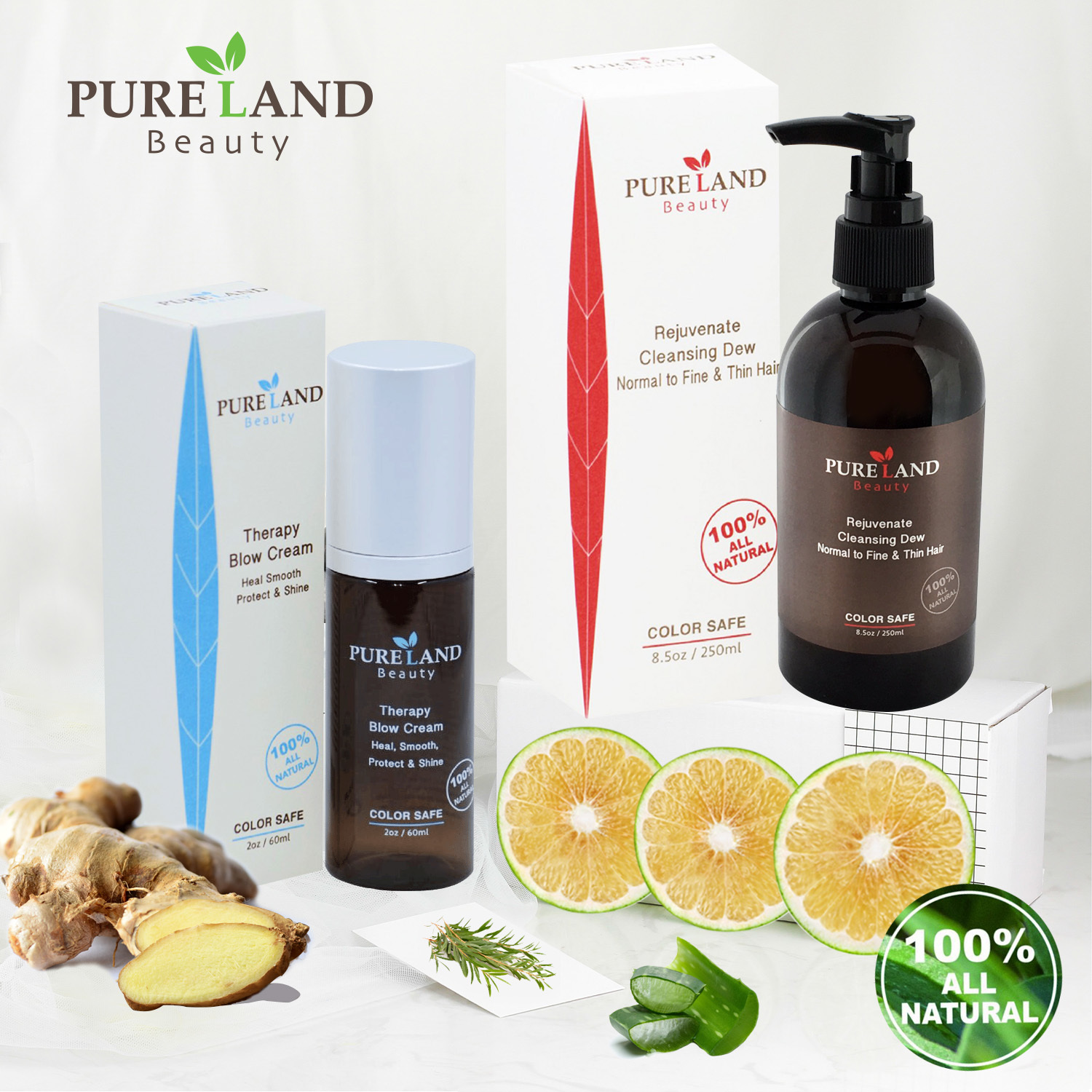 Pureland Beauty Rejuvenate Cleansing Dew and Therapy Blow Cream Set - All Natural Shampoo Can be used for Hair, Face and Body | Leave-In Hair Repair Treatment - Heal, Smooth and Protect 023632961037