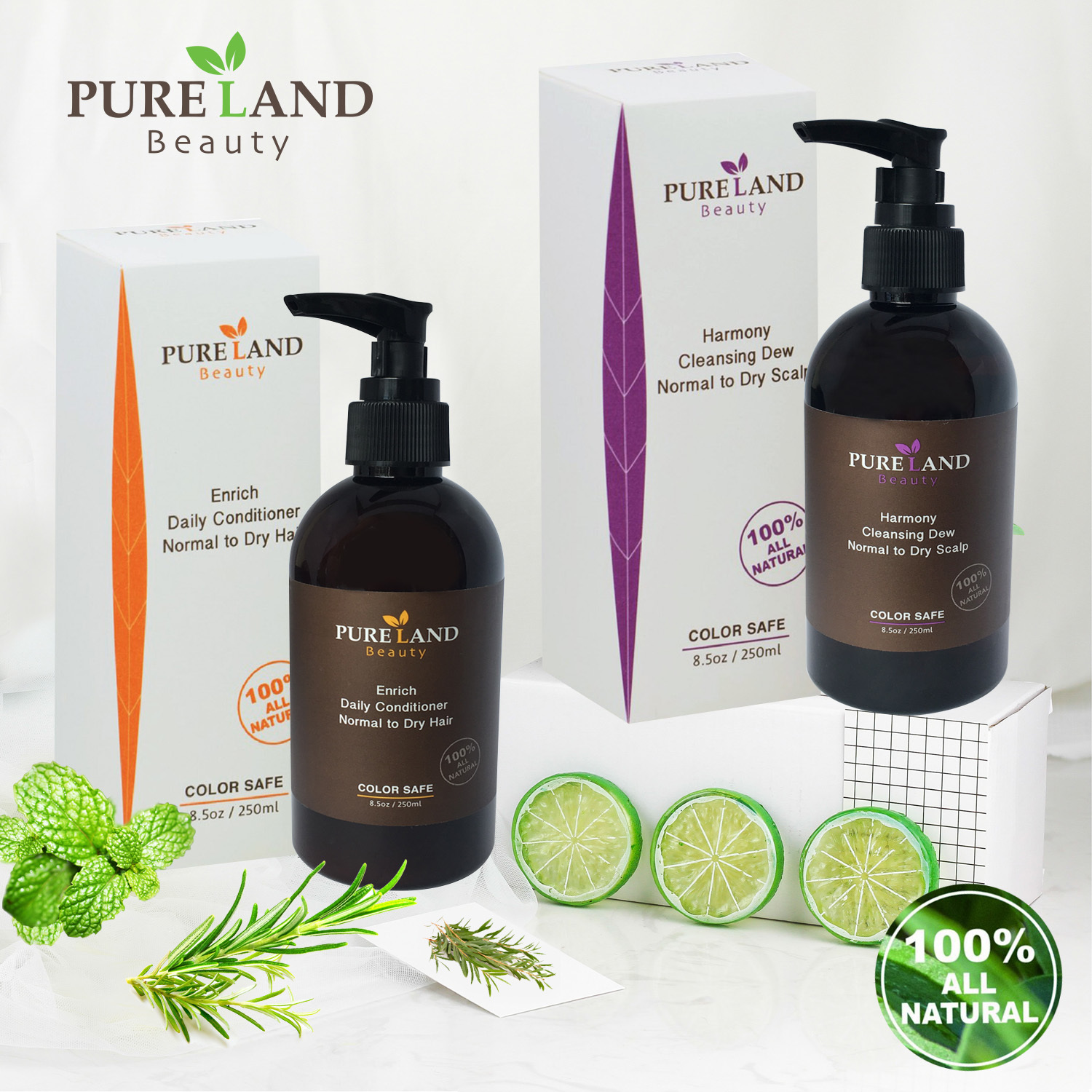 Pureland Beauty Harmony Cleansing Dew and Enrich Daily Conditioner Set - All Natural, for Normal to Dry Scalp, All Hair Types Women & Men - Safe for Color Treated Hair 00001