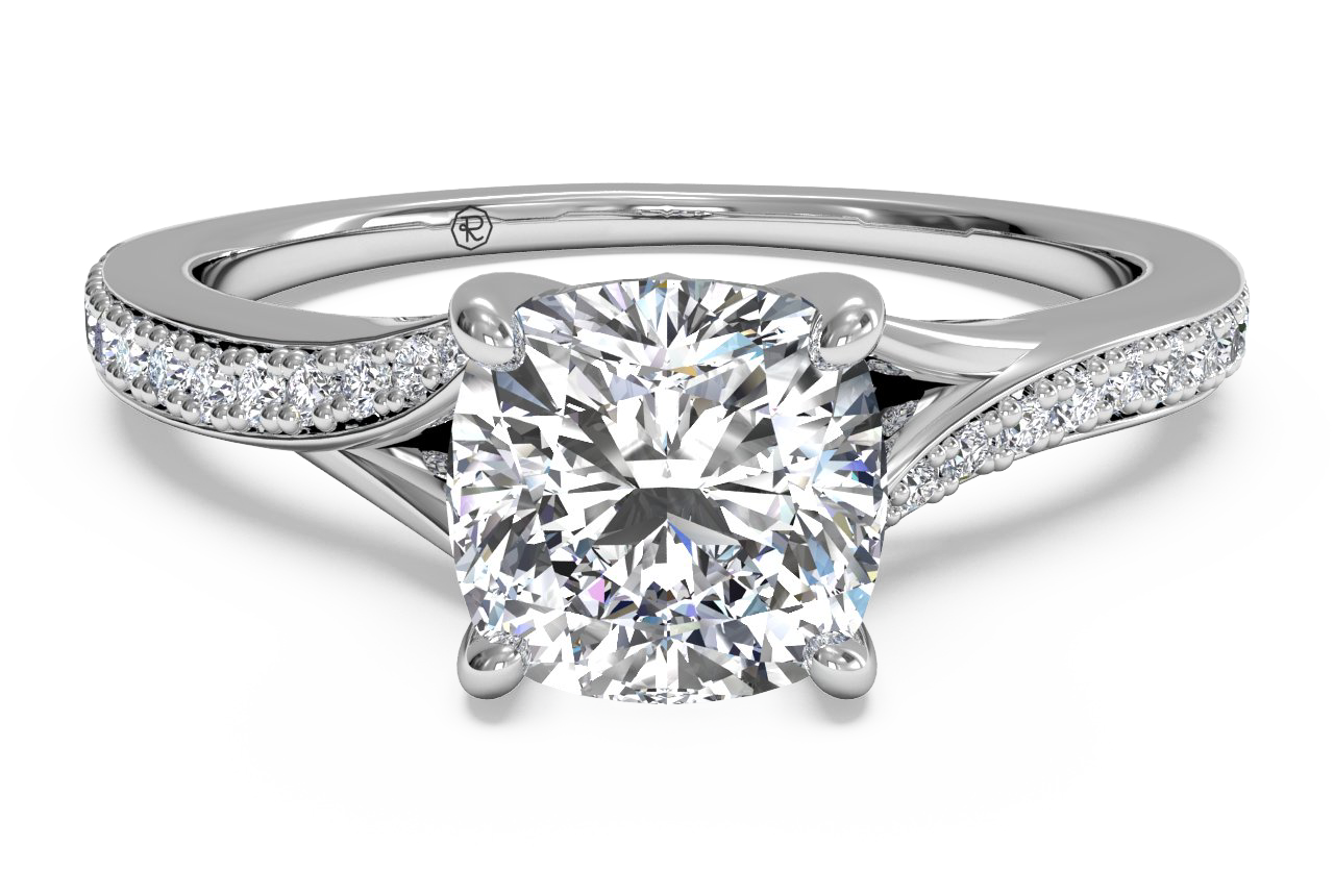 Cushion Cut Modern Bypass Micropave Diamond Band Engagement Ring