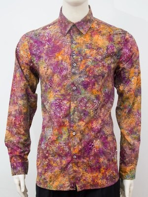 Karyaneka Casual Long Sleeve Abstract Design Batik Shirt (Orange-Fuschia) 0651204012310E