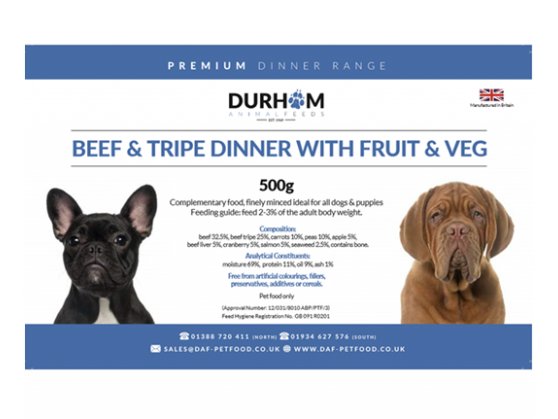 Durham - Beef & Tripe with Fruit & Veg Dinner - 500g Durham - Beef & Tripe with Fruit & Veg Dinner - 500g