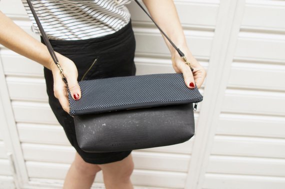 Cork handbag vegan black with Japanese cherry flowers