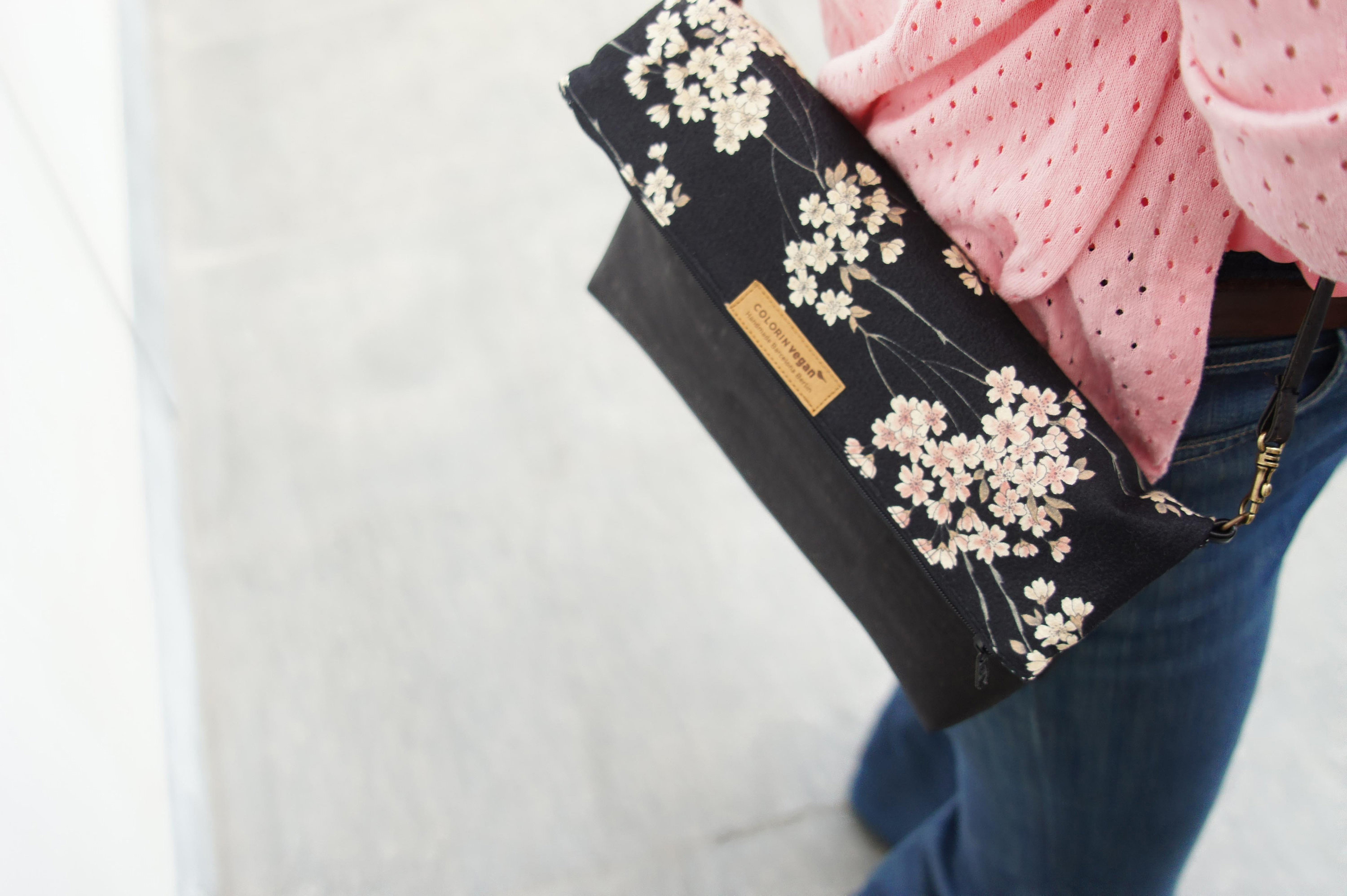 Cork handbag vegan black with Japanese cherry flowers