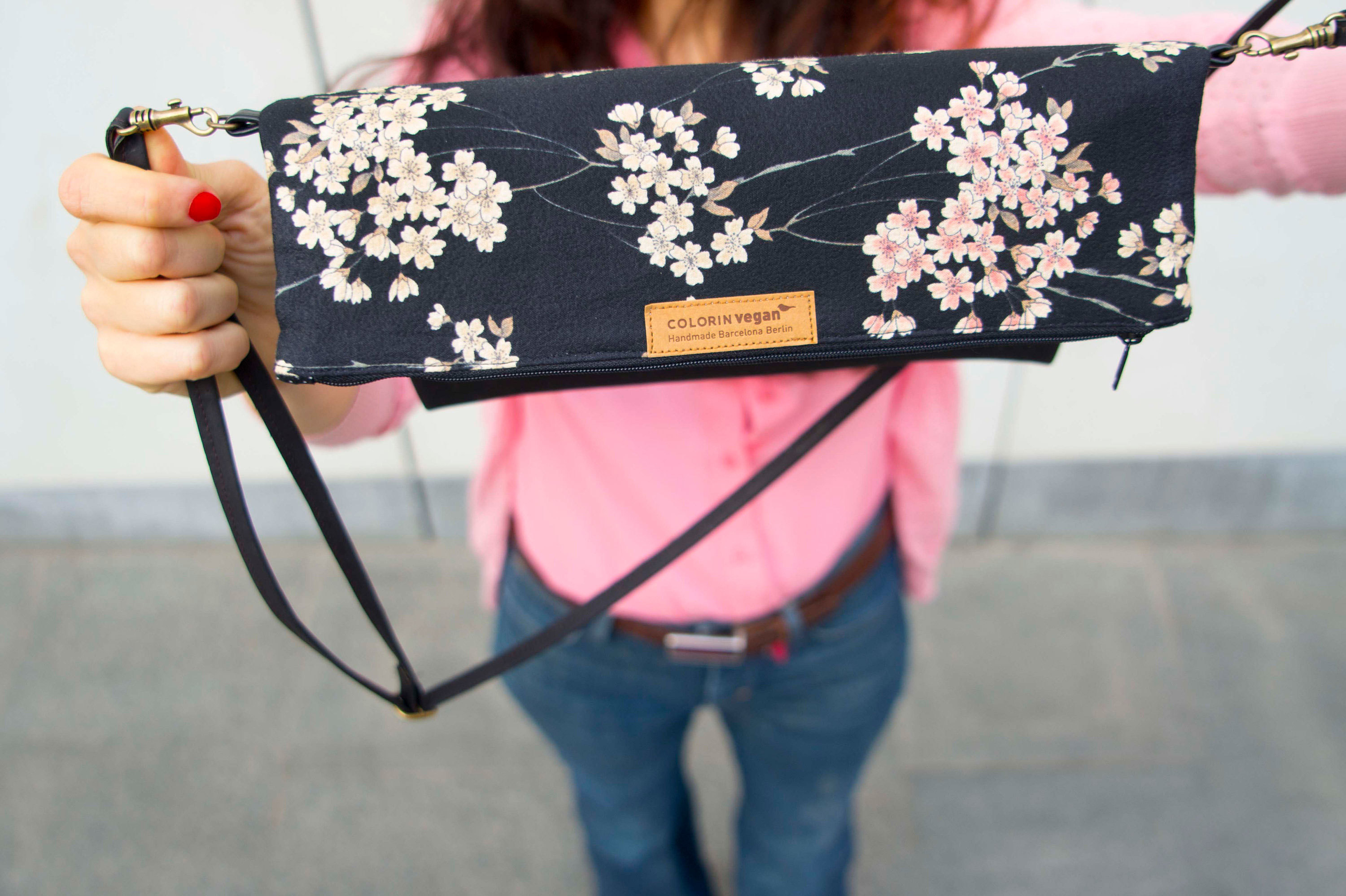 Cork handbag vegan black with Japanese cherry flowers