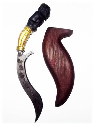 Mitmor Daam Hanuman - 7 Inches Long Ritual Knife with Sacred Inscriptions and Hanuman Hilt Hand Carved from Black Holy Tree Wood - Luang Por Prohm Mitmor Daam Hanuman - 7 Inches Long Ritual Knife with Sacred Inscriptions and Hanuman Hilt Hand Carved from Black Holy Tree Wood - Luang Por Prohm