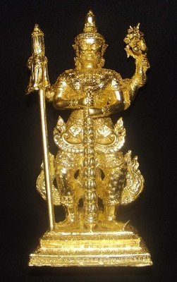 Roop Lor Taw Waes Suwan Tri Plab Pela (Three Legged Asura King of Wealth) - 4.6 Inch High Bucha Statue - Sacred Bronze 24 K Gold Leaf Coating - Wat Na Pra Meru Blessed by Pra Ajarn Ord & 96 Guru Monks Roop Lor Taw Waes Suwan Tri Plab Pela (Three Legged Asura King of Wealth) - 4.6 Inch High Bucha Statue - Sacred Bronze 24 K Gold Leaf Coating - Wat Na Pra Meru Blessed by Pra Ajarn Ord & 96 Guru Monks