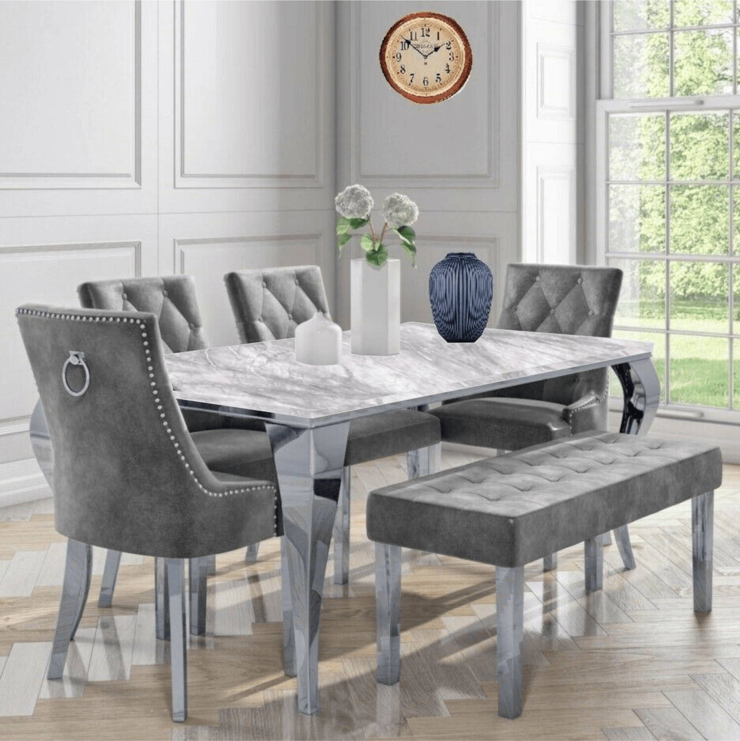 Laveda 160cm Grey Marble Dining Table + Canterbury Chairs