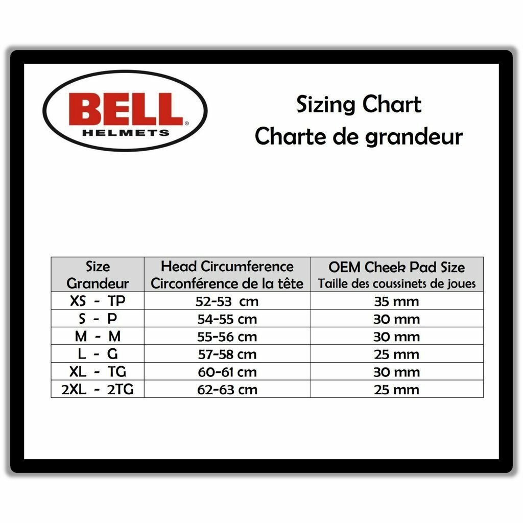 Bell Custom 500 Size Chart