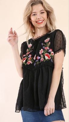 Black Short Sleeve Floral Embroidery Babydoll Top Black Short Sleeve Floral Embroidery Babydoll Top