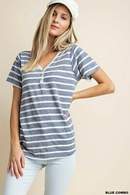 Blue & White Stripe Button V Tee Blue & White Stripe Button V Tee