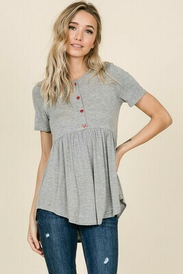 Heather Gray Heart Shape Button Baby Doll Tee Heather Gray Heart Shape Button Baby Doll Tee