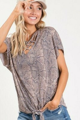 Taupe Snakeskin Criss Cross Tie Tee Taupe Snakeskin Criss Cross Tie Tee