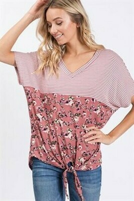 Mauve Stripe & Floral Block Tie Tee Mauve Stripe & Floral Block Tie Tee