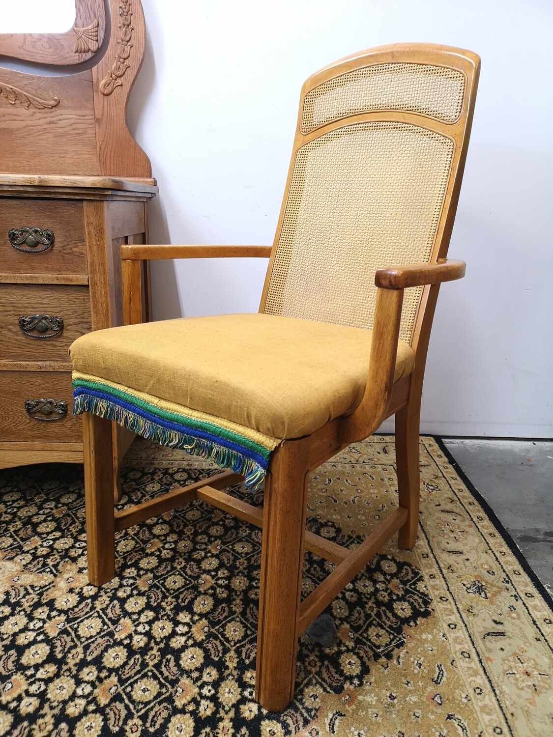Vintage Cane Back Armchair with Tassel Accent â View Inventory â FULL CIRCLE FURNITURE