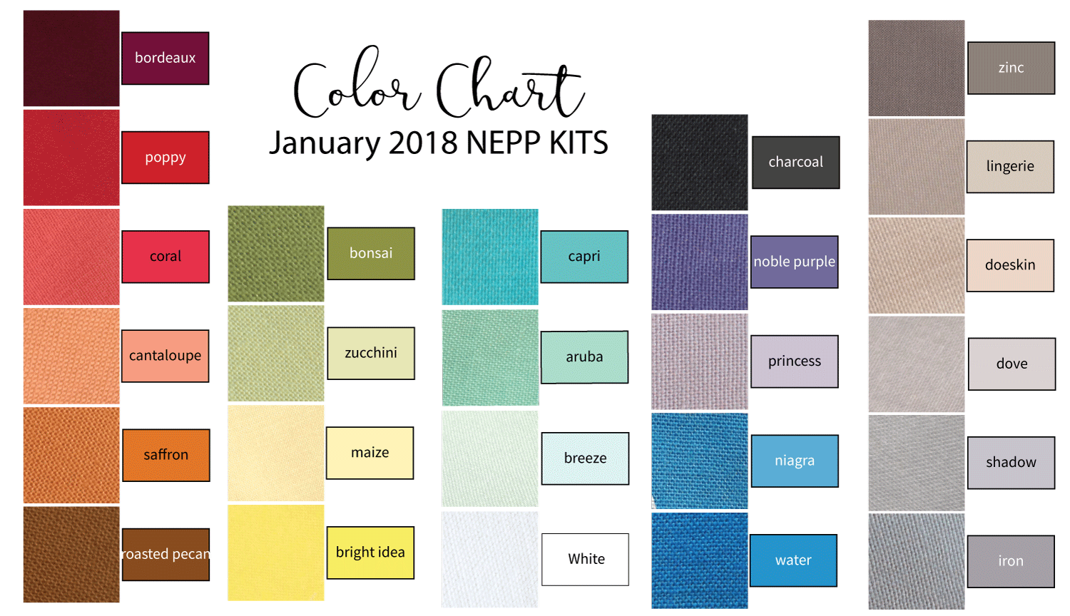 Color Chart for January 2018 NEPP Kits