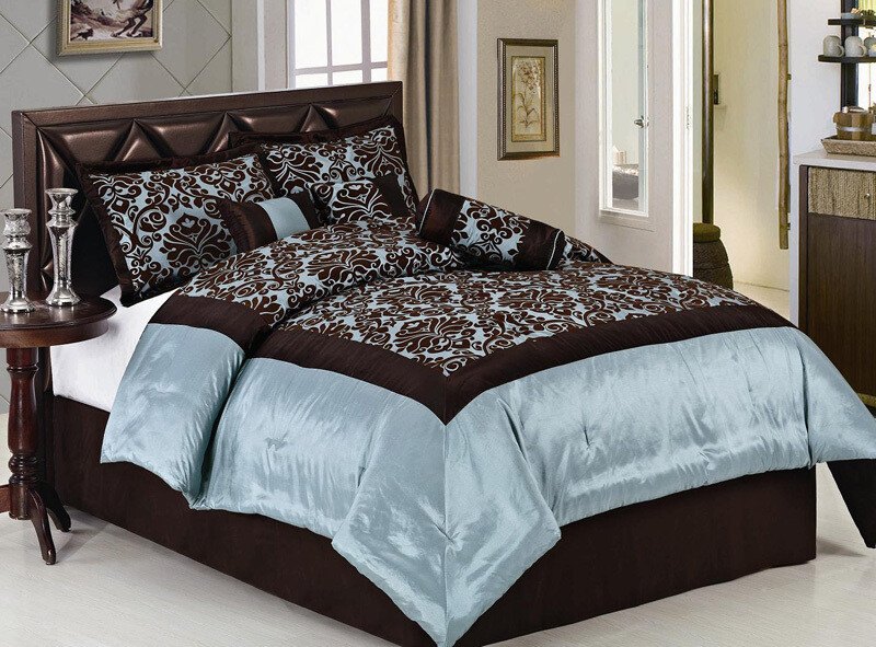 Brown Mint Green Powder Blue Luxury King Queen 7 Pc Comforter Bed Set