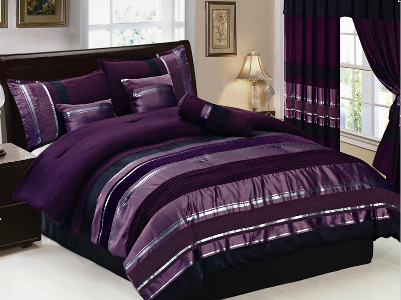 Purple Plum Black Silver Ridged Stripe King Queen Size Bedding