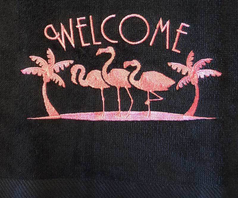 Pink Flamingo With Welcome On Black Towel Pink Flamingo With Welcome On Black Towel