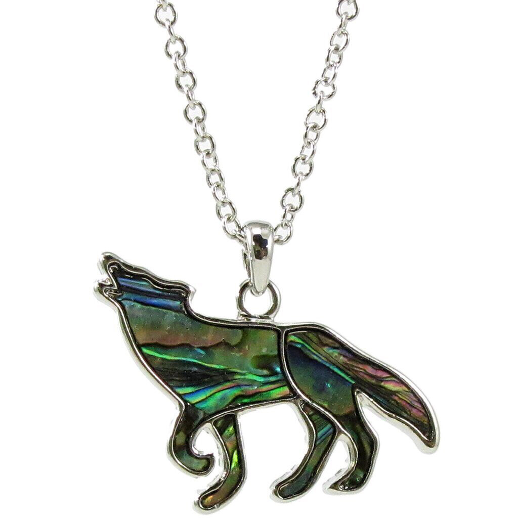 Storrs Wild Pearle Abalone Shell Large Howling Wolf Necklace