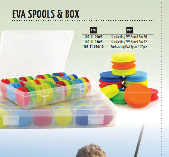 Surfcasting EVA spools 36 or 72 per racked box. Colour coded 00018