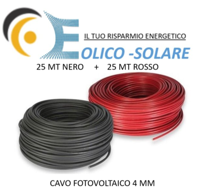 Set Cavo Solare 4mm 25mt Rosso e 25mt Nero Fotovoltaico Camper Nautica Barca Set Cavo Solare 4mm 25mt Rosso e 25mt Nero Fotovoltaico Camper Nautica Barca