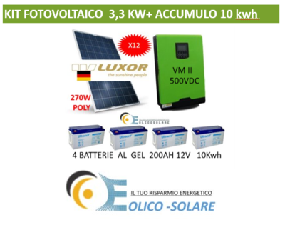 KIT FOTOVOLTAICO 3,3 kW 12 moduli LUXOR 275 Wp + inverter Axpert VM II 500 vdc + accumulo 9,6kwh KIT FOTOVOLTAICO 3,3 kW 12 moduli LUXOR 275 Wp + inverter Axpert VM II 500 vdc + accumulo 9,6kwh