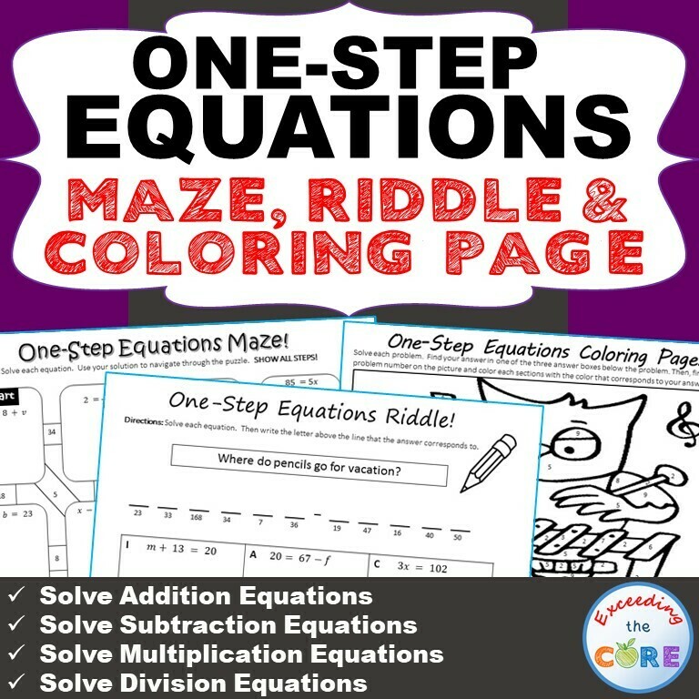 ONE-STEP EQUATIONS Maze, Riddle & Color by Number Coloring Page