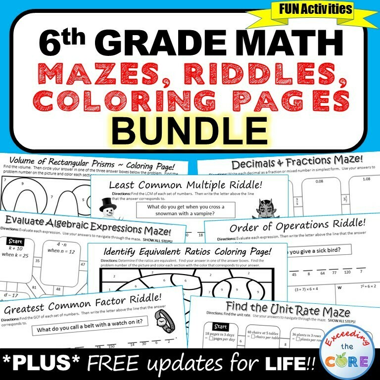 6th Grade Math Mazes, Riddles & Color by Number BUNDLE