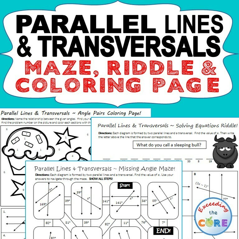 PARALLEL LINES and TRANSVERSAL Maze, Riddle, Color by Number Fun MATH Activities