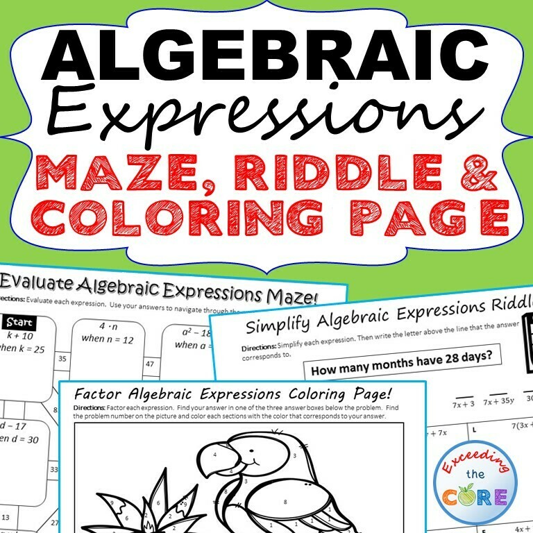 ALGEBRAIC EXPRESSIONS Mazes, Riddles & Color by Number (Fun Activities)