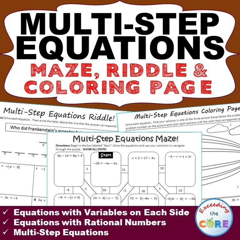 MULTI-STEP EQUATIONS Maze, Riddle, & Color by Number Coloring Page Activity
