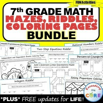 7th Grade Math Mazes, Riddles & Color by Number BUNDLE