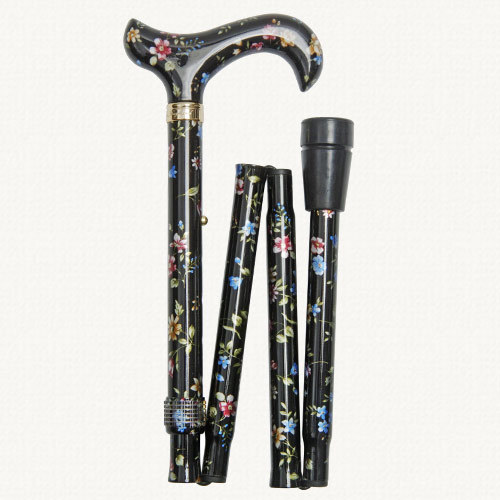 Classic Canes Folding Elite derby, height-adjustable, black floral, patterned handle 5003F