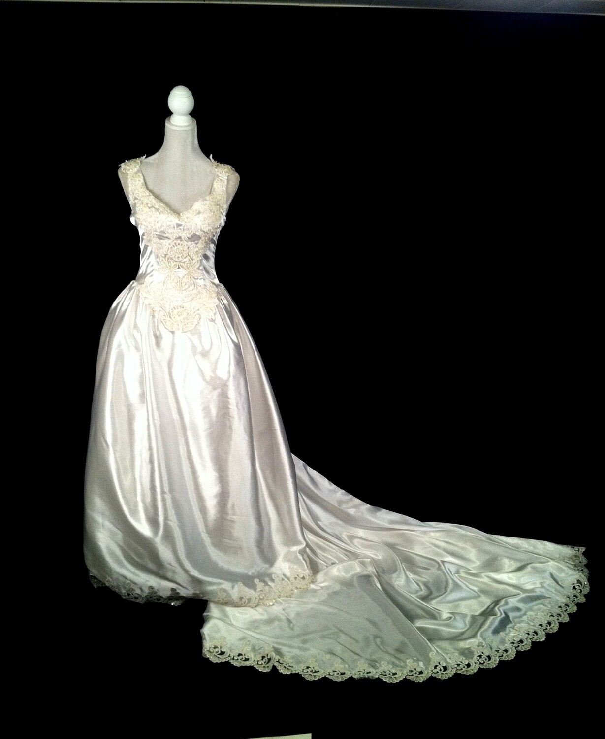 Vintage Upcycled White Satin Lace Wedding Gown Medium Size