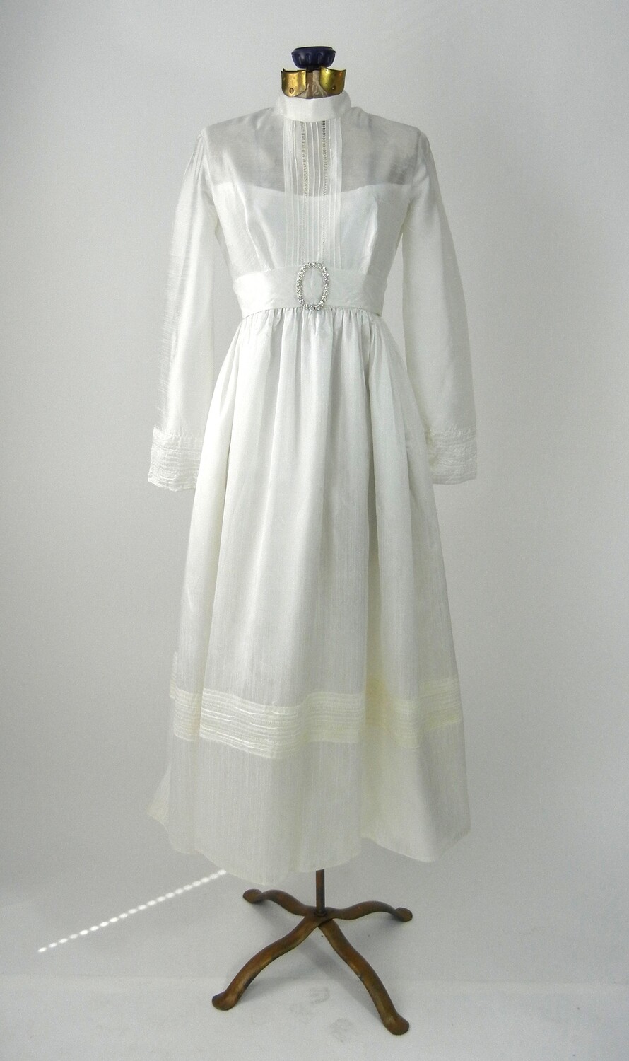 Vintage 1970s Raw Silk White Wedding Gown With Rhinestone Buckle
