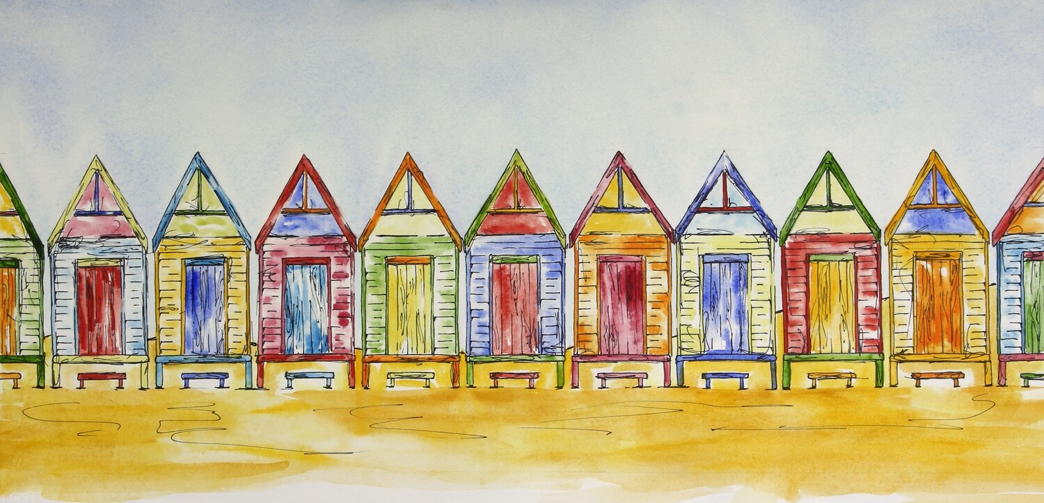 A Little Row of Colours - Original Art Beach Shacks Pen and Wash