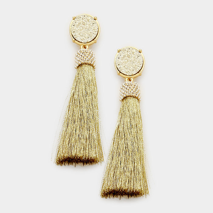 Gold Druzy Tassel Earrings WT-346903